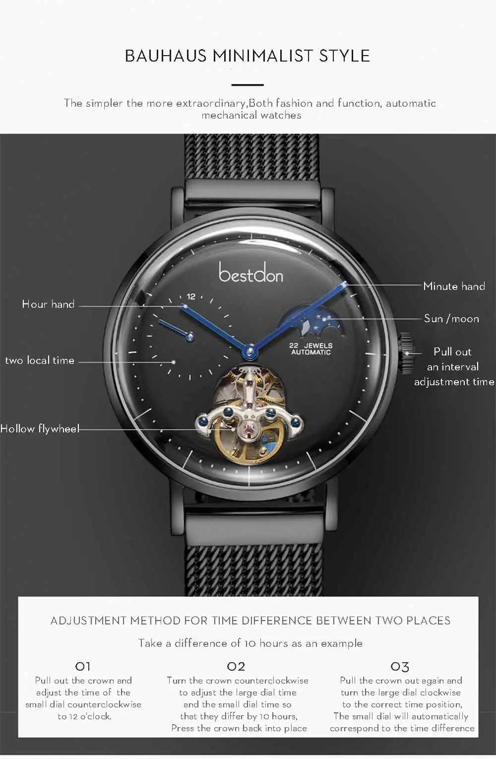 Bestdon деловые часы для мужчин Automatic Tourbillon Скелет Moon Phase наручные часы водостойкие Швейцария Роскошные Брендовые Часы