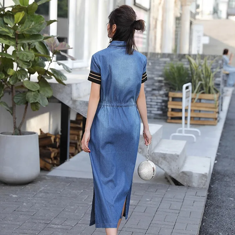 Короткий рукав шнурок Slim Fit джинсовое платье для женщин новые летние тонкие однобортные платья средней длины корейская модная одежда