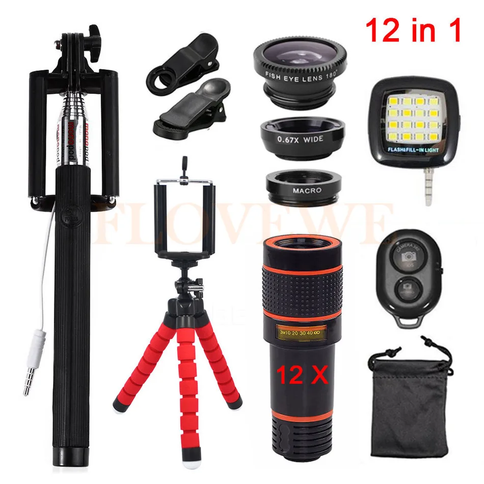 

With Clips 12in1 Kits 12x Zoom Telephoto Lentes 3in1 Fish eye Fisheye Lens Wide Angle Macro Lenses For Cell Phone Mobile Tripod