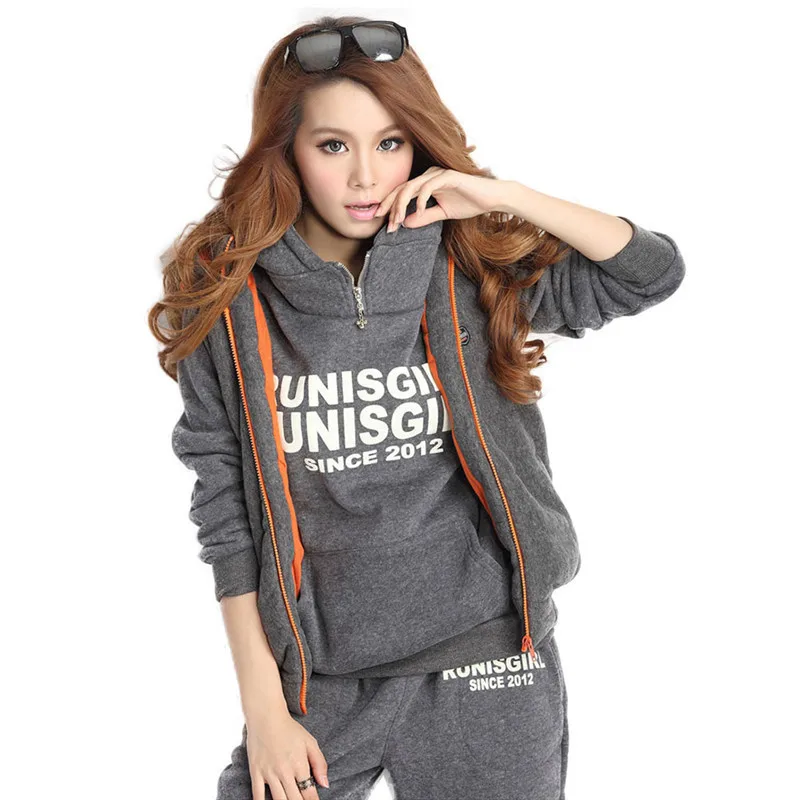 

3 Piece Winter Women Sport Suit Hoodies+Vest+Pants Tracksuits Letter Printed Fleece Jogging Gray Running Set Sportswear Hot