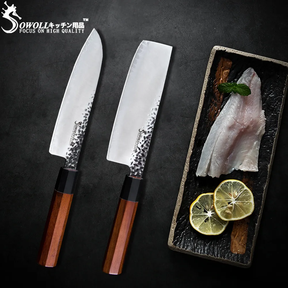 SOWOLL ручной работы набор ножей из дамасской стали кованые столовые приборы нож VG10 японский Дамасская сталь разделочные Santoku кухонный нож инструмент для приготовления пищи