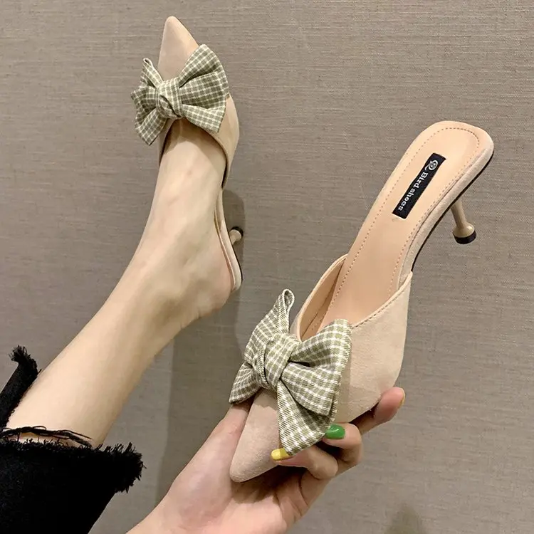 

platform loafer summer slipper Thin Heels Pointed Toe Slides Square heel women Butterfly-knot closed toe Low heels mule slides