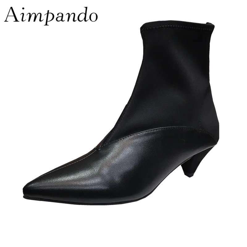 

New Chic Short Booties Women Individual Spike Heel Back Zip Stretch Fabric Leather Patchwork Ankle Boots