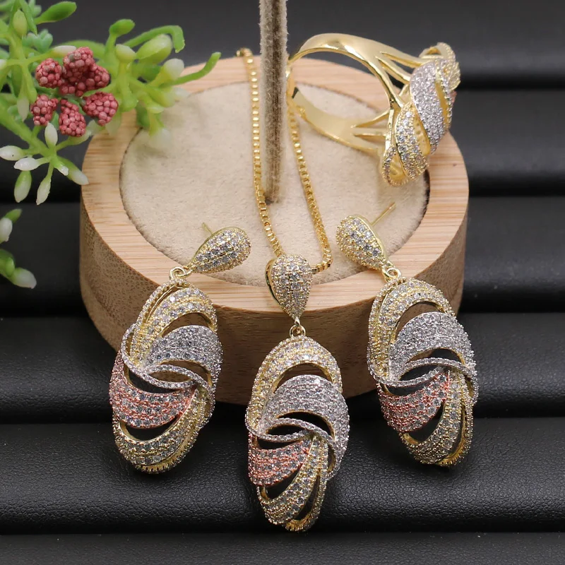 Lanyika комплект ювелирных изделий большой Геометрия полые овальные микро ожерелье с камнями с серьги и Rinfor для годовщины помолвки роскошные подарки