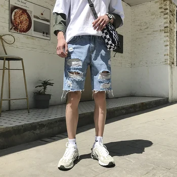

Men's Summer Hole Denim Shorts New Fashion Male Knee Length Light Blue Short Jeans Size 3XL