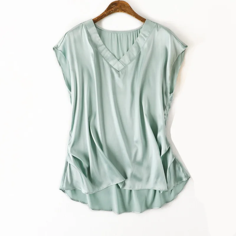 

Women Summer Silk Blouse V neck Sleeveless office wear casual elegant natural silk blouses Solid real silk shirt tops