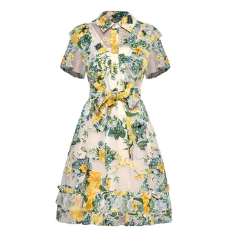 

New Patchwork Mesh Women Flower Print Dress Short Sleeve Turn-Down Collar A-Line Dresses E5227