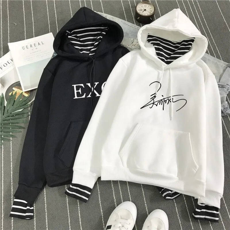 Kpop exo harajuku свободный вельветовый пуловер с капюшоном и воротником в полоску