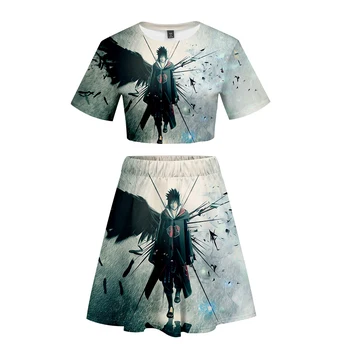 

Uzumaki Naruto Uchiha Sasuke Handsome Summer Spring 3D Casual Loose Sports Girls Short Sleeve Tops Mini Skirt Set