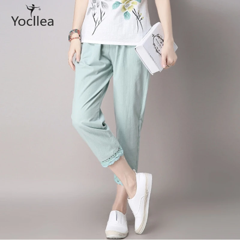 

Casual Linen Pants Women Loose elastic waist with pockets Summer Thin Ankle-Length Harn Pants office Lady Trousers bottom