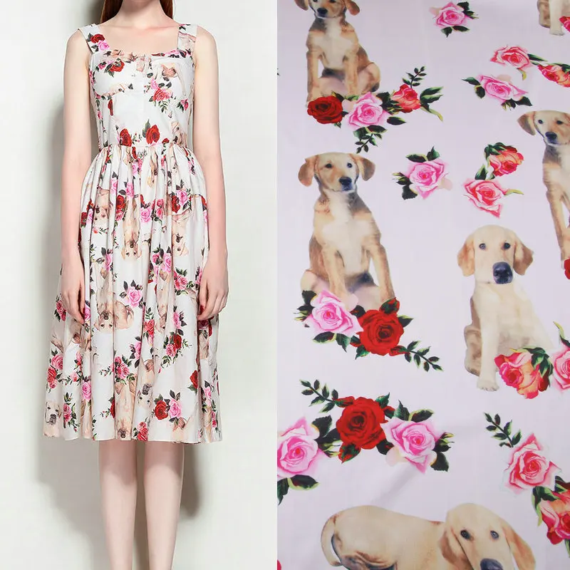 

white color animal dogs printed silk stretch satin fabric,women dress shirt imitate silk fabric polyester tissue au metre