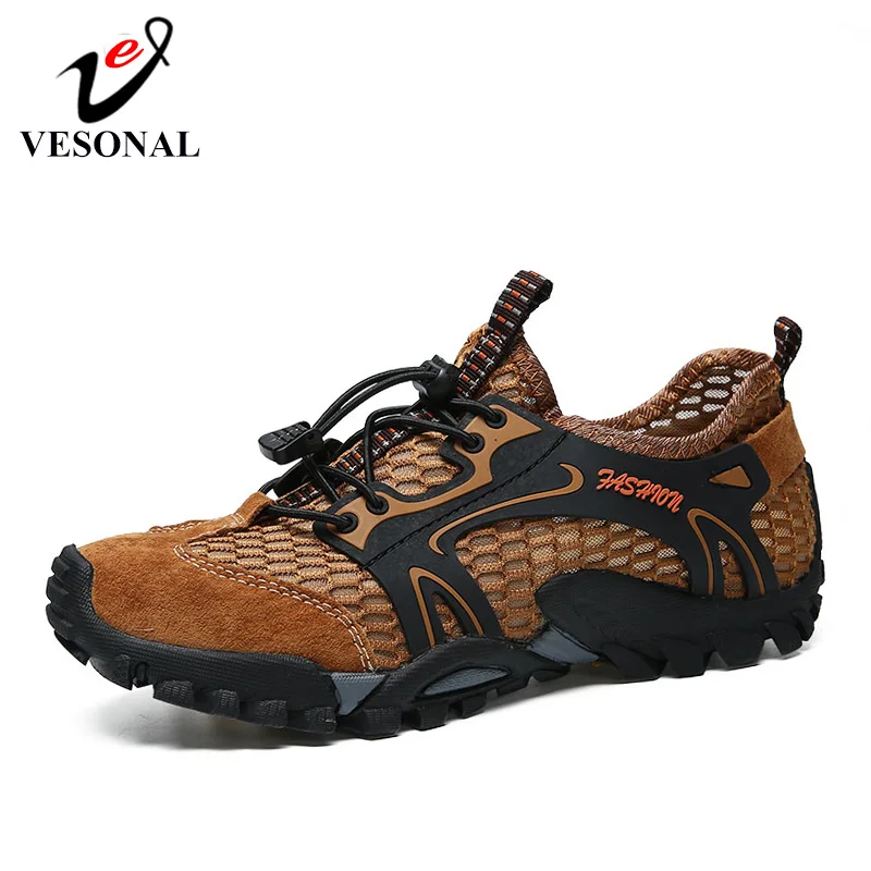 

VESONAL 2019 Summer Genuine leather Mesh Sneakers Men Shoes Casual Outdoor Breathable Wading Shoes Comfortable Male Footwear