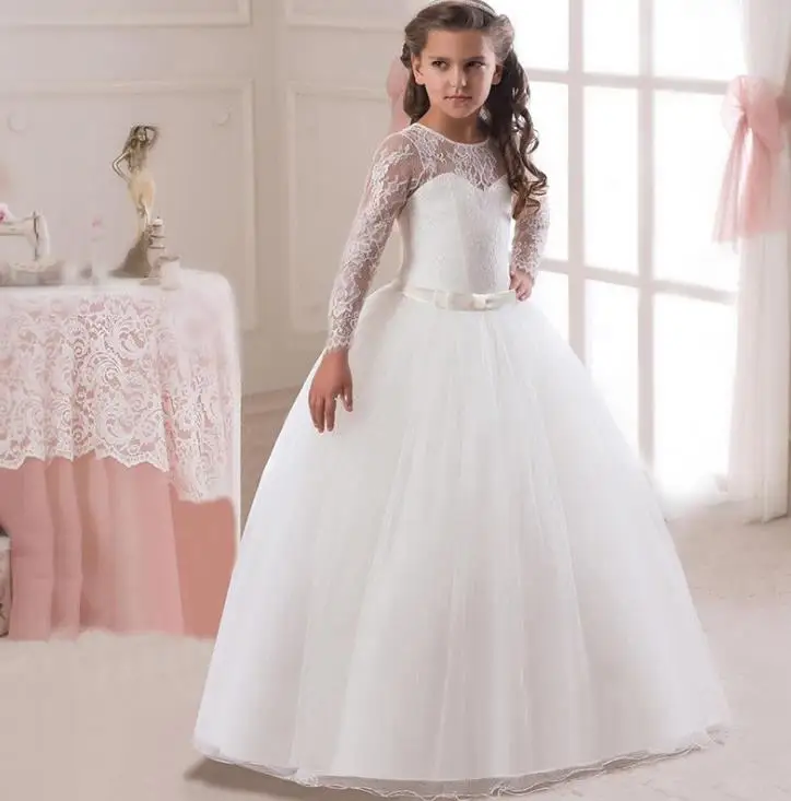 

2019 Kids Girls Long White Lace Flower Party Ball Gown Prom Dresses Kid Girl Princess Wedding Children First Communion Dress
