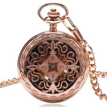 

Rose Gold Hollow Skeleton Mechanical Pocket Watch Hand Wind Fob Watch Antique Gift With Chain Relogio De Bolso