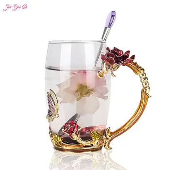 

2019 Luxury upgrade enamel glass of rose bowl heat-resistant crystal glass coffee cup couples creative gift flower tea cup