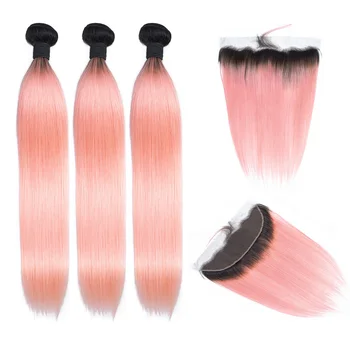 

1B/Pink Colored Hair Bundles With Frontal Remy Brazilian Straight Hair 3 Bundle With Frontal Closure Ombre Bundles With Closure