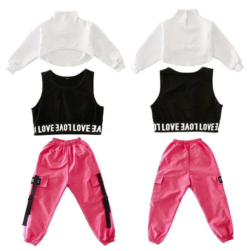 Kid Kpop Hip Hop Clothing Sweatshirt Crop Top Long Sleeve Tank Vest Streetwear Jogger Pants for Girl Jazz Dance Costume Clothes