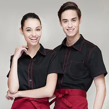 (5 get 10% off,10 get apron)Man/woman short sleeve coffee shop restaurant hotel short sleeve waiter shirt uniform work clothes
