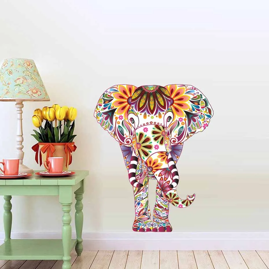 

Colorful Elephant Vibrant Floral Pattern Color Wall Stickers For Living Room Decoration Wall Art Decals Wallpaper Home Decor
