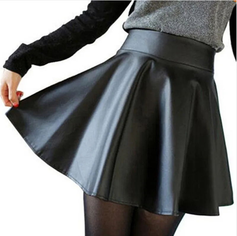 Alueeu Fashion Ladys Leather Skirt High Waist Creased Skirt Solid Casual Versatile Flared Casual Mini Skirt 