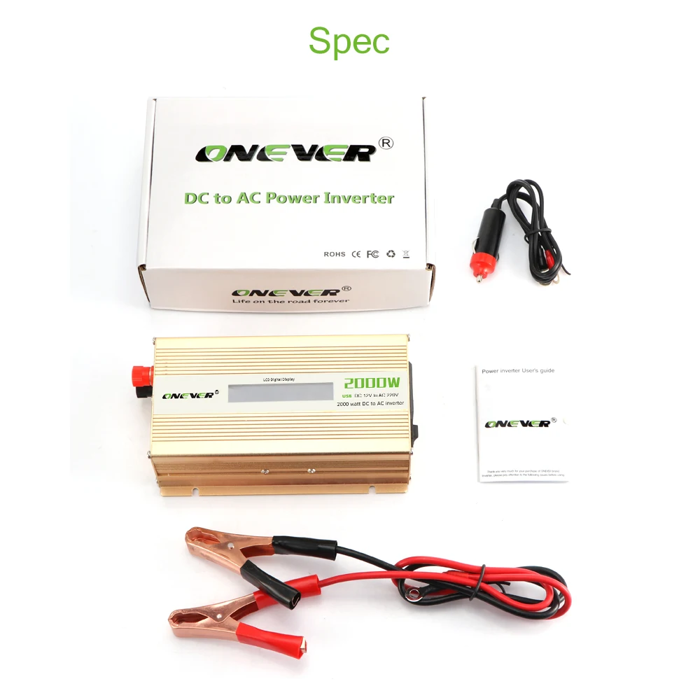 Onever Portable 2000W Car Power Converter (DC 12V to AC 220V) with LCD Digital Display