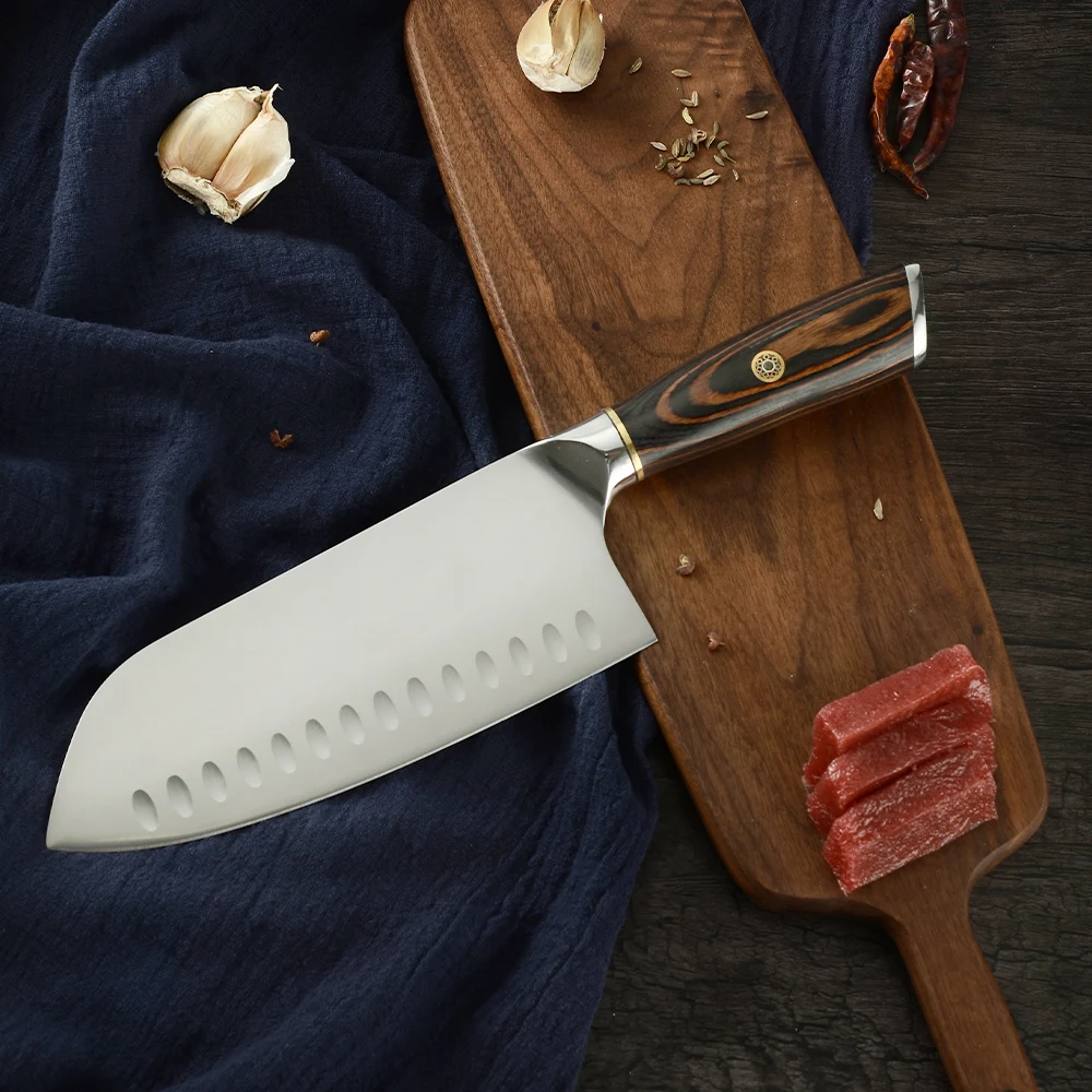 DAMASK 5CR15 кухонные ножи из нержавеющей стали 7,5 дюймов Janpanese Santoku нож с цветной деревянной ручкой шеф-поварские Ножи острый кухонный топорик