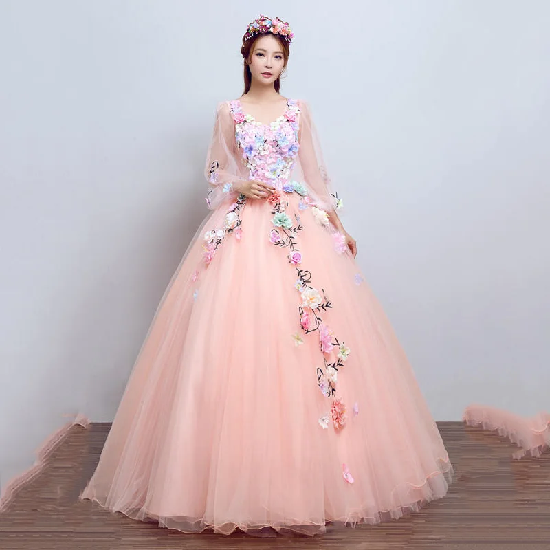 Trajes De Quinceaneras Новое Розовое Пышное Платье с v-образным вырезом и длинным рукавом, кружевное платье с цветочным рисунком размера плюс, кружевное платье на заказ для выпускного вечера