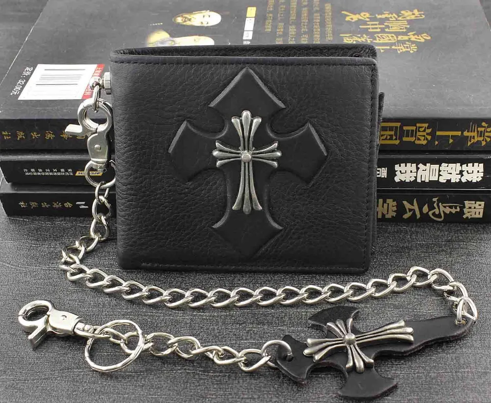 Mens Punk Hip Hop Metal Cross Leather Card Cash Holder Wallet With Key