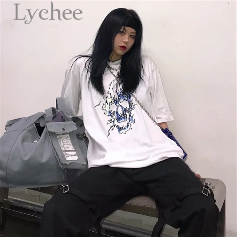 Lychee Harajuku Ghost Flame Print Lady Футболка Топ тройники круглый вырез свободный короткий рукав весна лето женские футболки Топ тройники