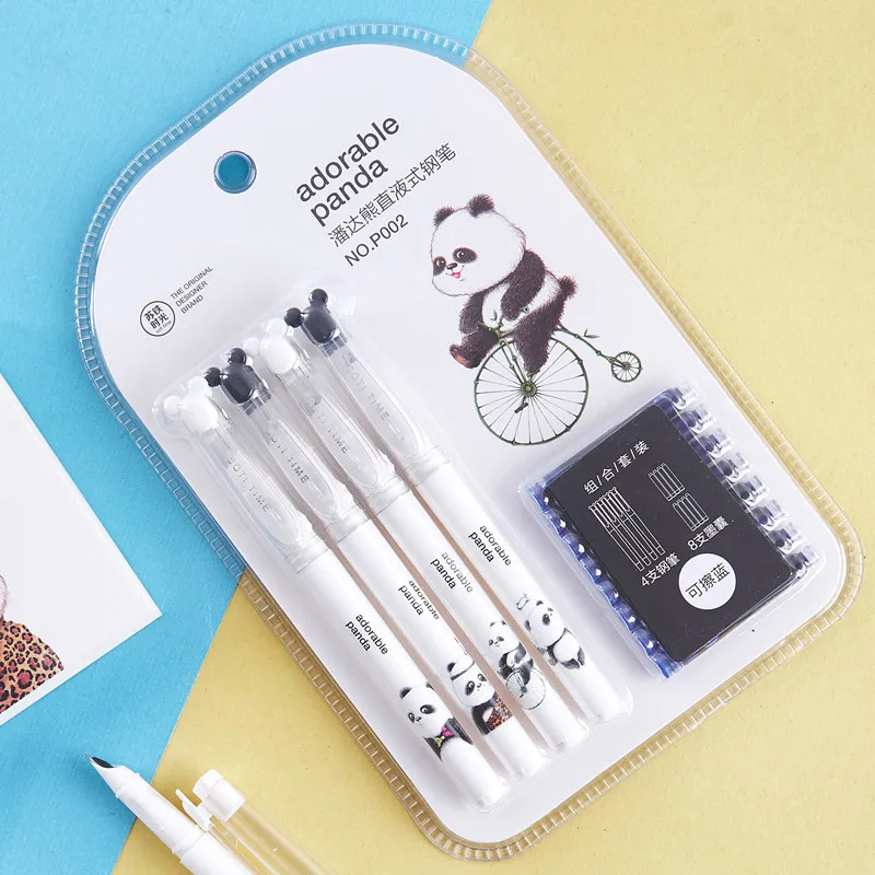 

4pcs Cute Cartoon Adorable Panda Erasable Fountain Pen Ink Cartridge Set Kawaii Meduim Fine Nib Students PVC Plastic Sign Pen