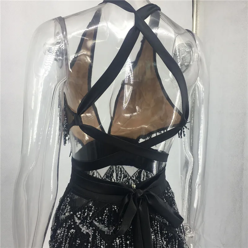 Женское платье с v-образным вырезом и кисточками, Черное мини-платье с блестками, облегающее платье для вечеринок, сексуальное платье для клубной вечеринки, потрясающее платье с блестками