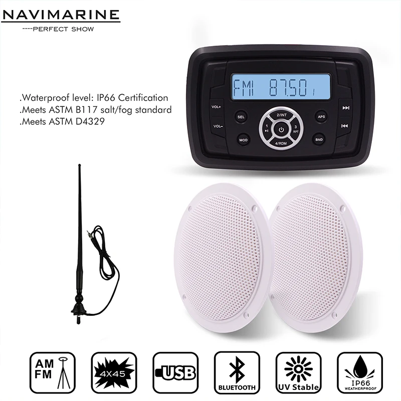

Marine Stereo Boat Audio Bluetooth Radio FMAM USB MP3 Player for Motorcycle Auto ATV UTV 5.25" Waterproof Speaker +Radio Antenna