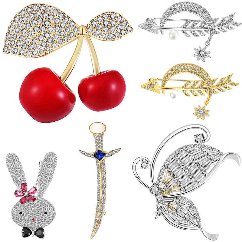 

Cute fashion rabbit cherry fruit brooch copper weapon knife butterfly moth moon bow and arrow rhinestone gold silver pins brooch