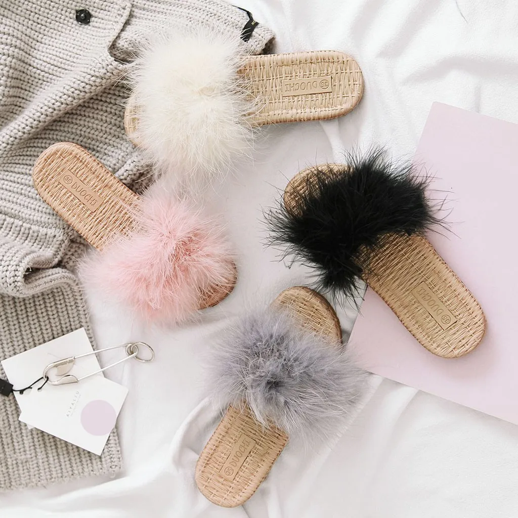 

xiniu Fur Slippers Women Fluffy Sliders Comfort With Feathers Furry Summer Flats Sweet Ladies Shoes Size home outdoor #0612