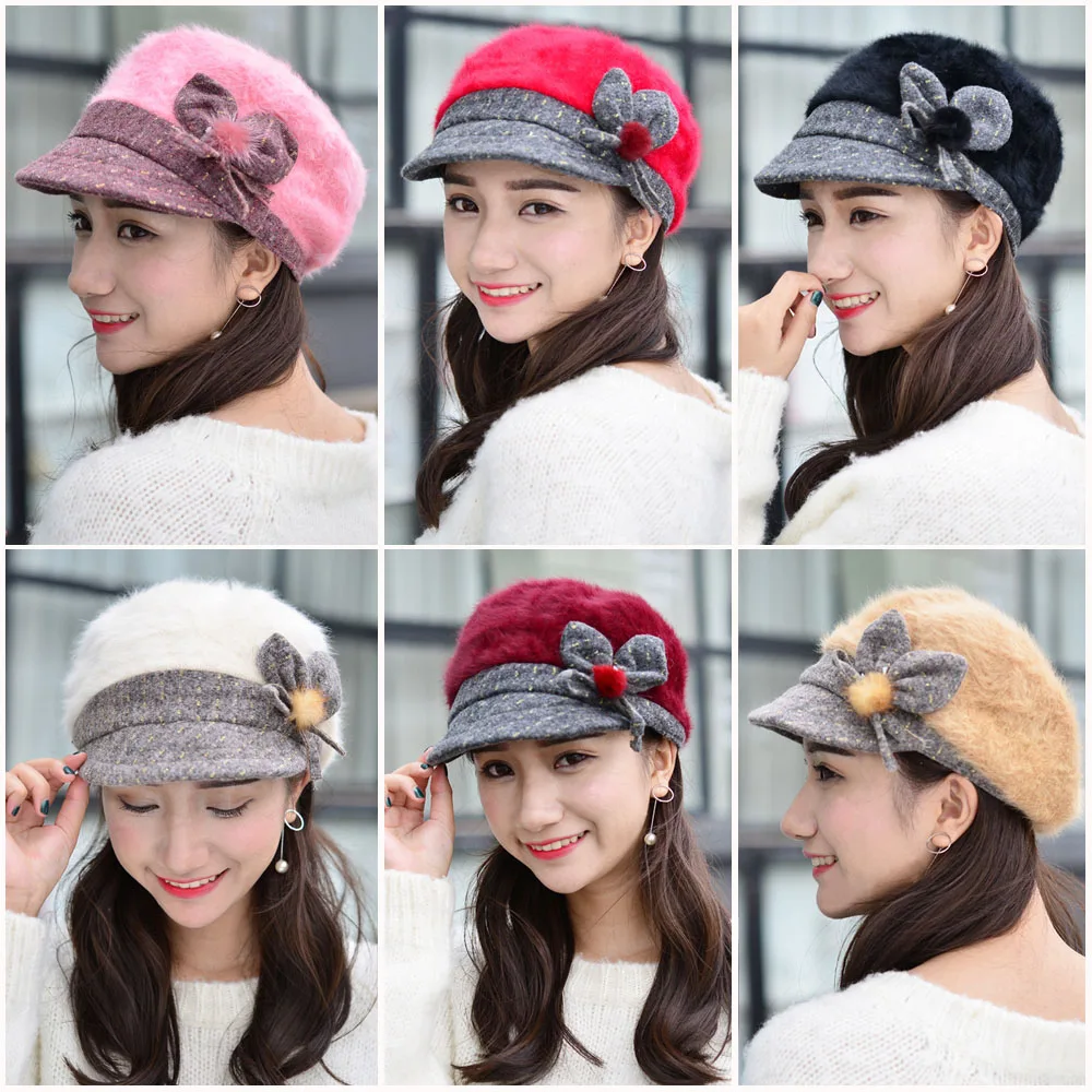 Women Winter Warm Knitted Wool Fur Bow Flower Ski Hat Bucket Gatsby Cap CS164 HATCS0164