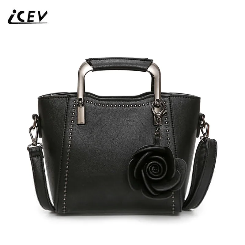 

ICEV New Fashion Flower Women Leather Handbags Vintage Bags Handbags Women Famous Brands Rivet Bucket Women Totes Bolsa Feminina