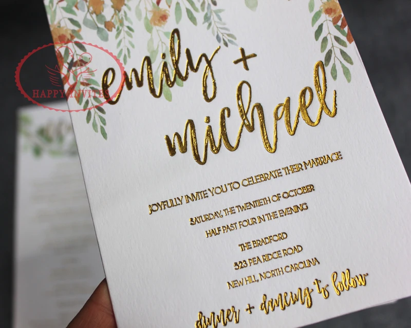 HI1150-03 Simple White Wedding Invitation Card Wedding Menu with Gold Letterpress and Colorful Printing
