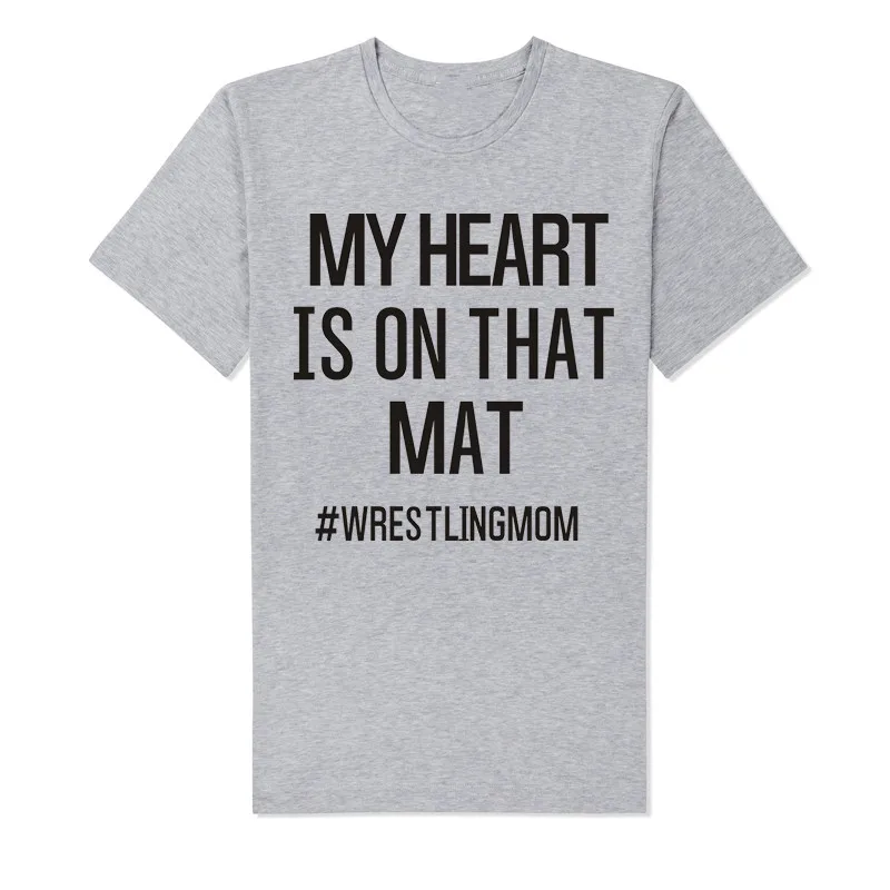 

LUSLOS MY HEART IS ON TAHT MAY#WRESTLINGMOM Letter Print Women's T Shirt Mother Tee Tops Casual Summer Short Sleeve