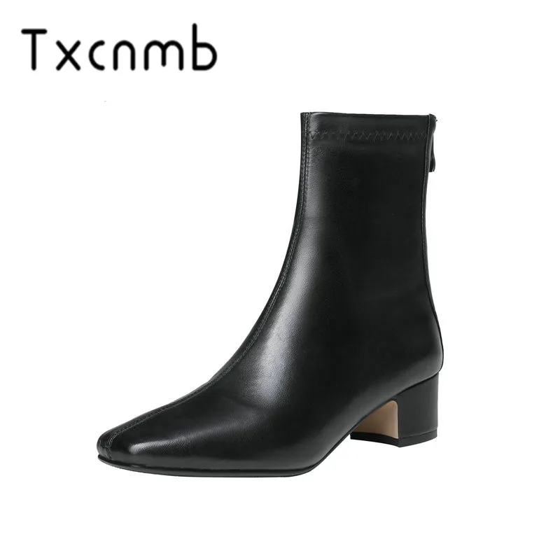

TXCNMB 2019 Brand Cow Leather Ankle Boots for Women High Heels Zipper Ladies Shoes Woman Round Toe Party Wedding Size 34-39