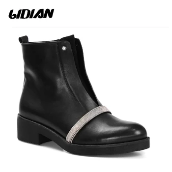 

LIDIAN Women flat heel Ankle Boots high quality Genuine Leather Shoes Metal Chain Autumn Fashion Black booties B44