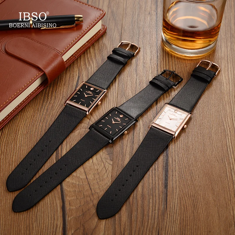 IBSO Ультратонкие мужские часы черные кожаные Наручные с прямоугольным