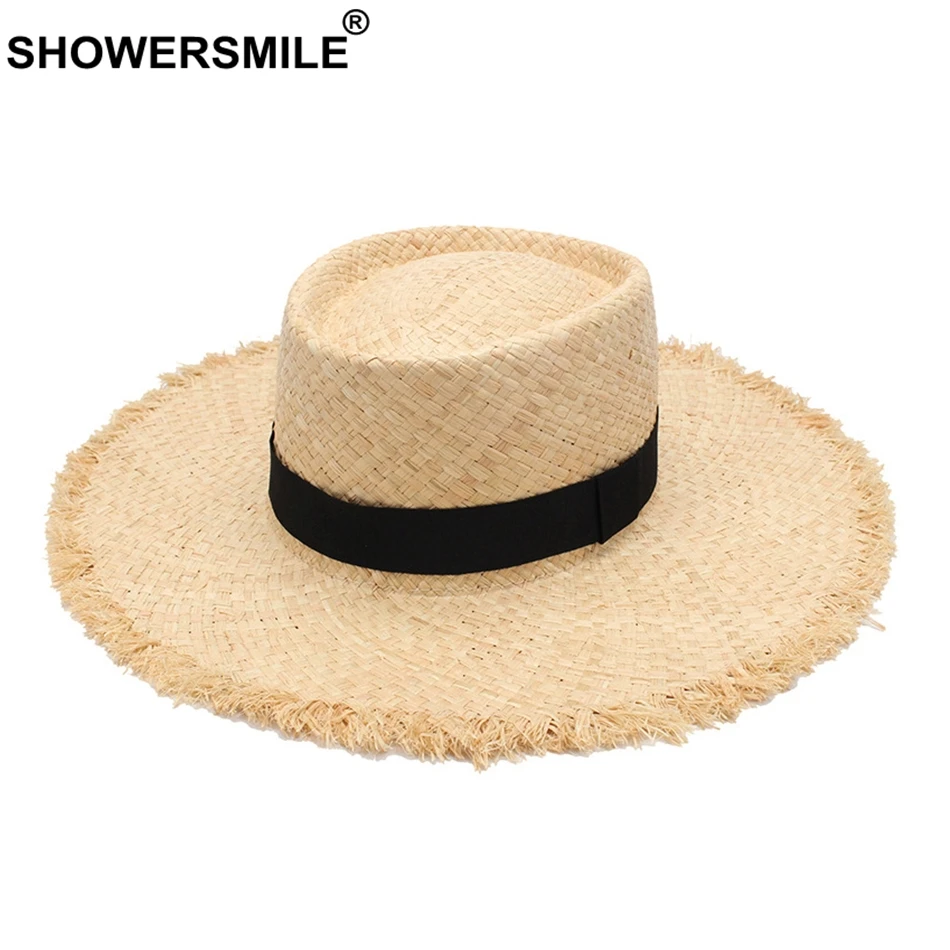 

SHOWERSMILE Sun Hats Women Raffia Straw Panama Hat Female Beige Brand Boater Wide Brim 10cm Ladies Fashion Travel Beach Caps