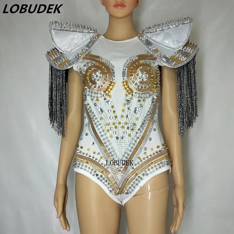 

Nightclub Women Cosplay Costume White Red Black Rhinestones Rivet Bodysuit Bar Party Luxurious Stage Costume Jazz Dance Clothing