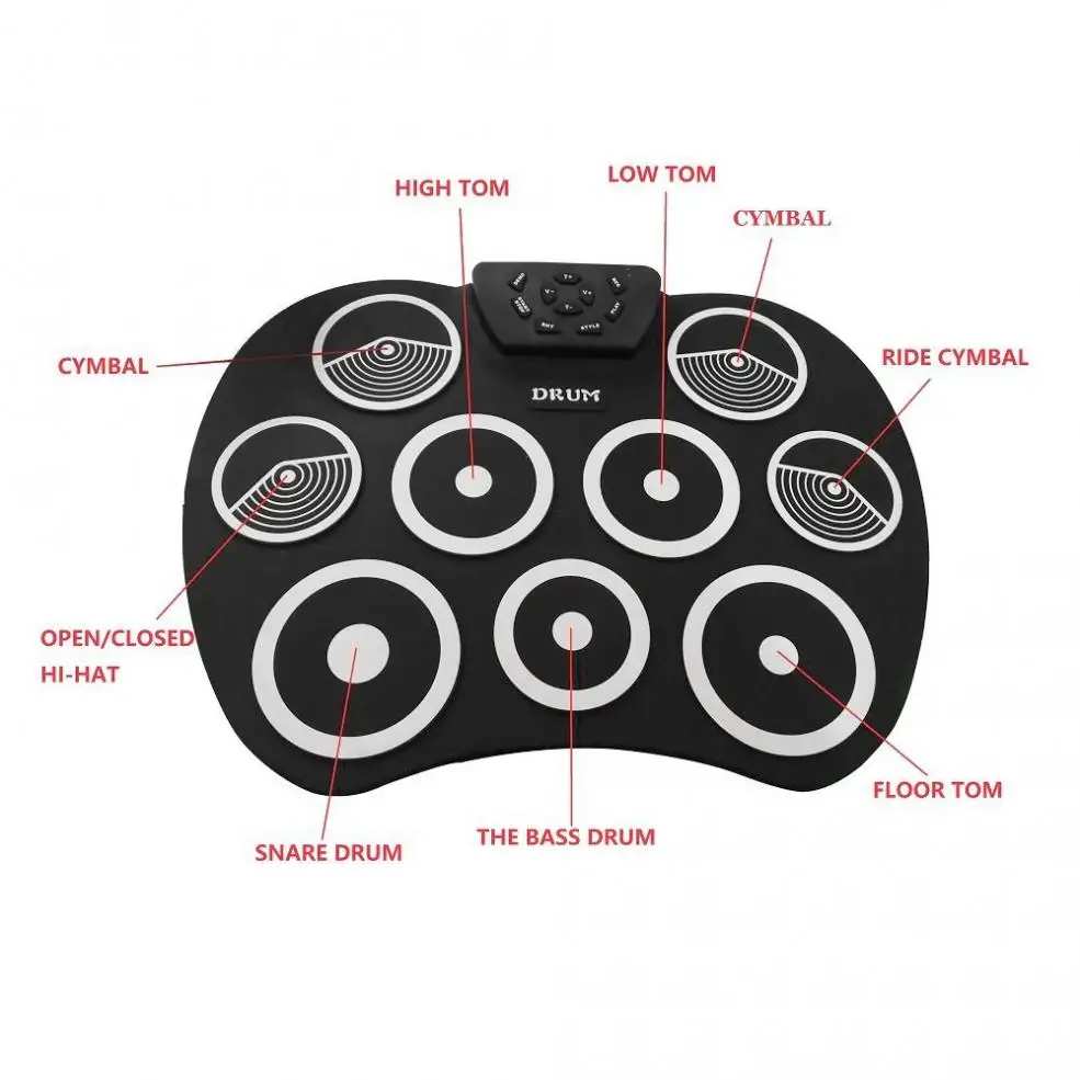 Портативный электронный 9 подушечек, свернутый силиконовый барабан с барабанчиками и поддерживающей педалью, детский студенческий тренировочный барабан
