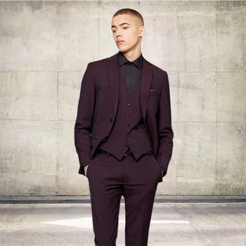 

New Custom Made Burgundy Mens Wedding Suits Formal Wear Three Piece Slim Fit Groomsmen (Jacket+Pants+Vest)