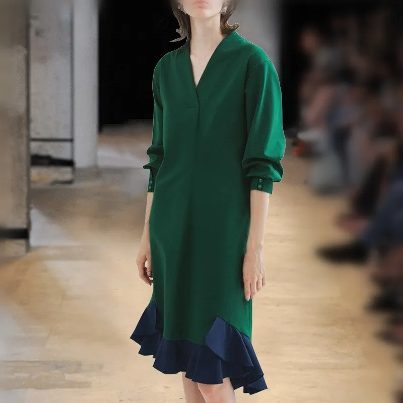 

V Neck Ruffles Female Dresses For Women Three Quarter Sleeve Hit Colors Mermaid Dress Spring Vestido Elegant Clothes New