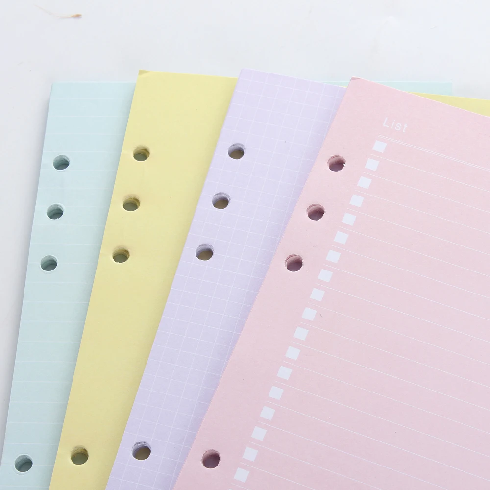New cute colored inner papers core for spiral notebooks,6 holes 4 colors line,grid,blank,to do refiller papers A5A6 New cute colored inner papers core for spiral notebooks,6 holes 4 colors line,grid,blank,to do refiller papers A5A6
