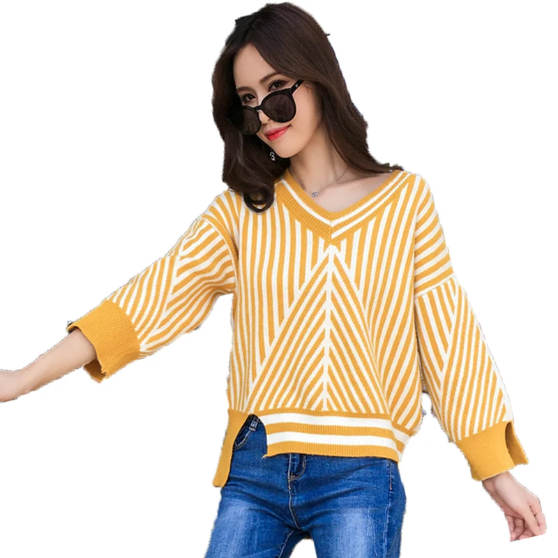 Fashion Women Autumn Pullover Sweaters Yellow Stripes Knitted Top Girl Three Quater Sleeve V-neck Knitwear Woman Casual Pullover