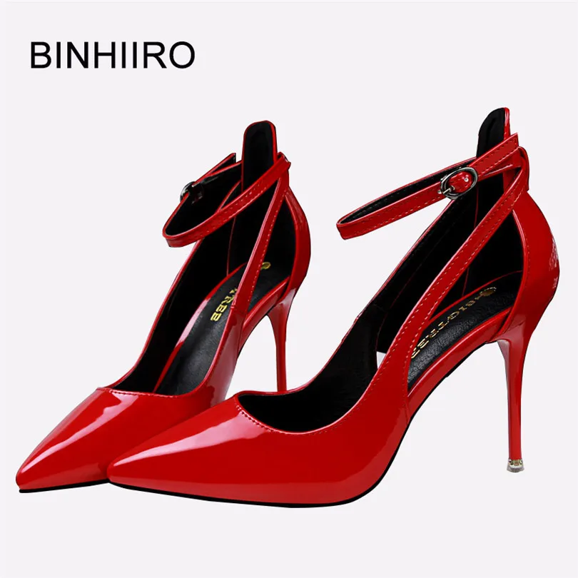 

BINHIIRO Summer Woman PU Pumps Pointed Toe Fashion Buckle Strap hollow out Thin High Heels Wedding Shoes For Women Party Shoes