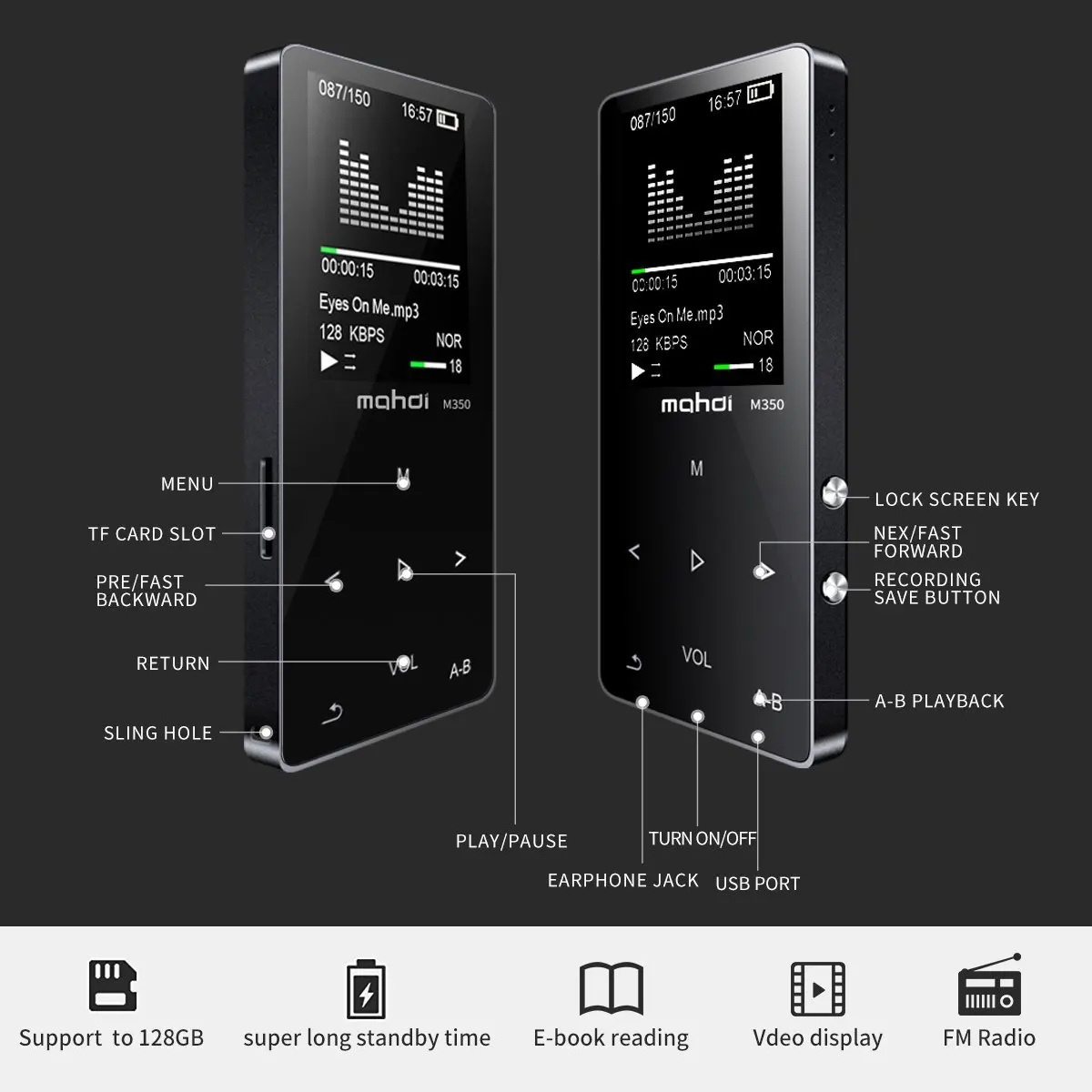 Новые металлические Bluetooth Спорт MP3 плеер Портативный аудио 8 GB с Встроенный динамик FM радио APE Flac музыкальный плеер (черный)